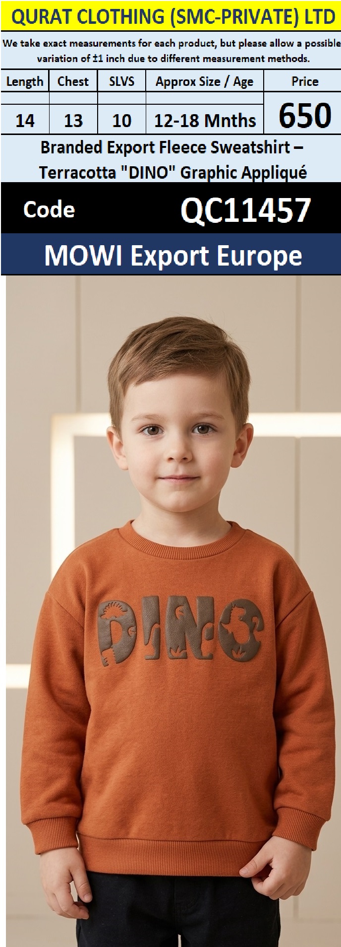 QC11457 – Branded Export Terracotta “DINO” Graphic Appliqué Fleece Sweatshirt – MOWI Export Europe