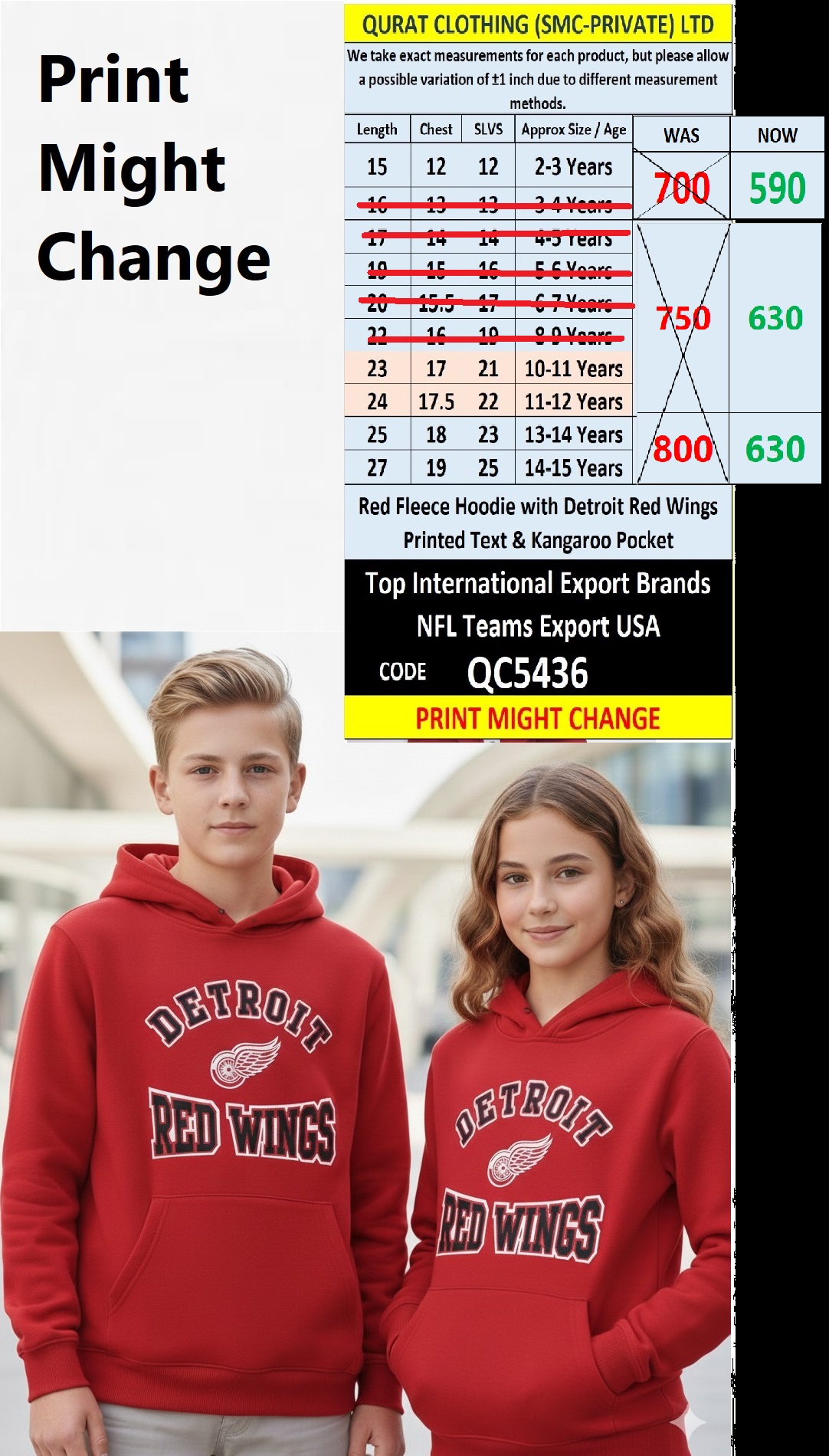 Red Fleece Hoodie Detroit Red Wings Printed Text with Kangaroo Pocket – Export USA – QC5436