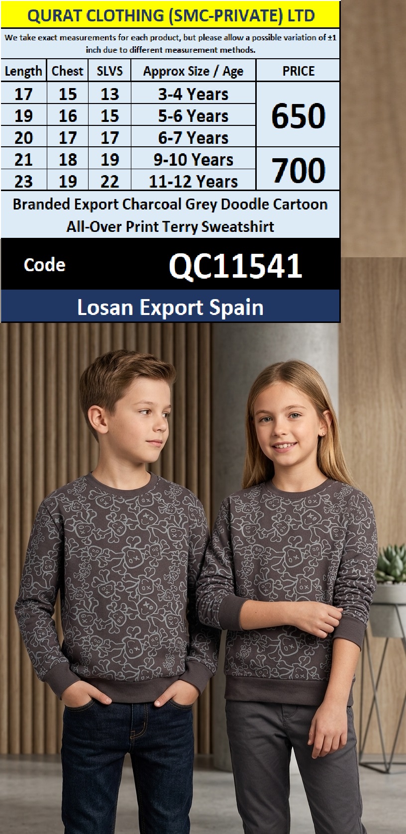 Losan Export Spain Branded Charcoal Grey Doodle Cartoon All-Over Print Terry Sweatshirt – QC11541