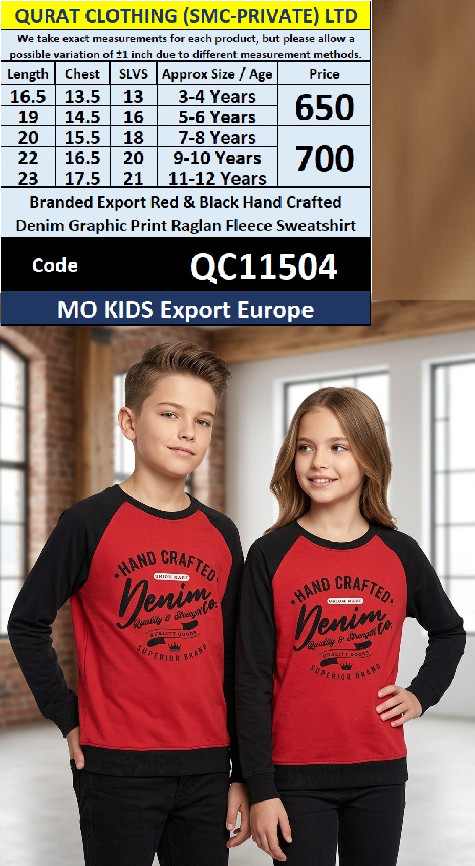 MO KIDS Export Europe Branded Red & Black Hand Crafted Denim Graphic Print Raglan Fleece Sweatshirt – QC11504