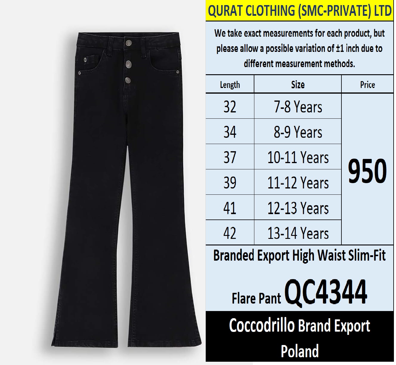 Coccodrillo Brand High Waist Slim Fit Flare Pant QC4344 Export Poland 