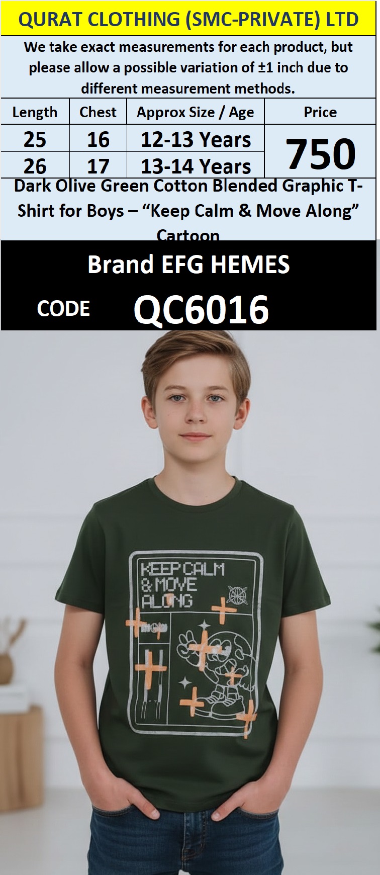 Dark Olive Green Cotton Blend Boys T-Shirt KEEP CALM & MOVE ALONG Graphic – QC6016