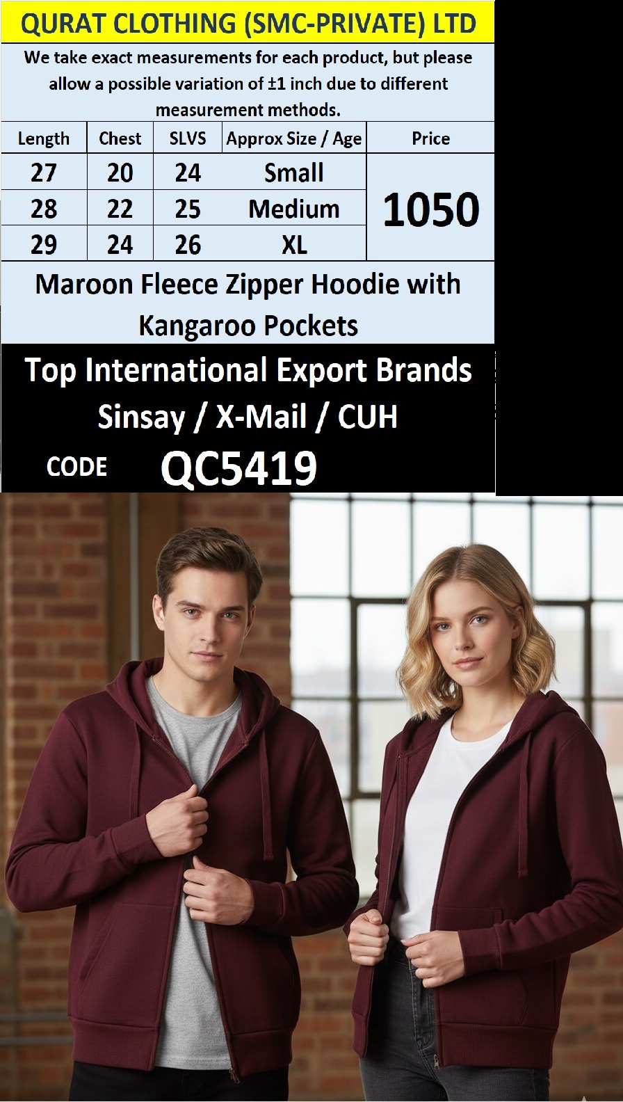 Maroon Fleece Zipper Hoodie with Kangaroo Pockets QC5419