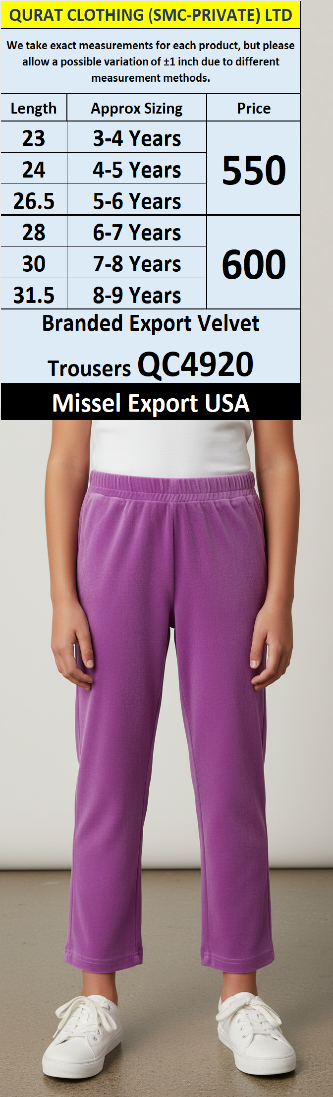 Missel QC4920 Kids Purple Velvet Trousers – Straight Fit Export USA