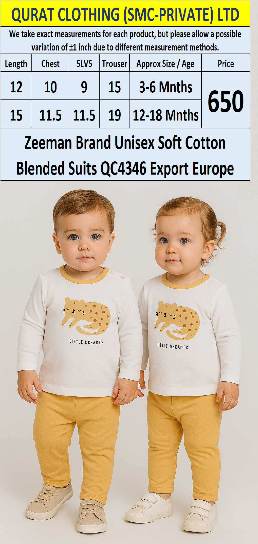 Zeeman Brand Unisex Soft Cotton Blended Suits QC4346 Export Europe 