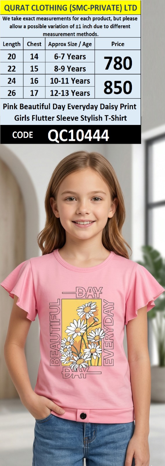 Pink Beautiful Day Everyday Daisy Print Girls Flutter Sleeve Stylish T-Shirt QC10444