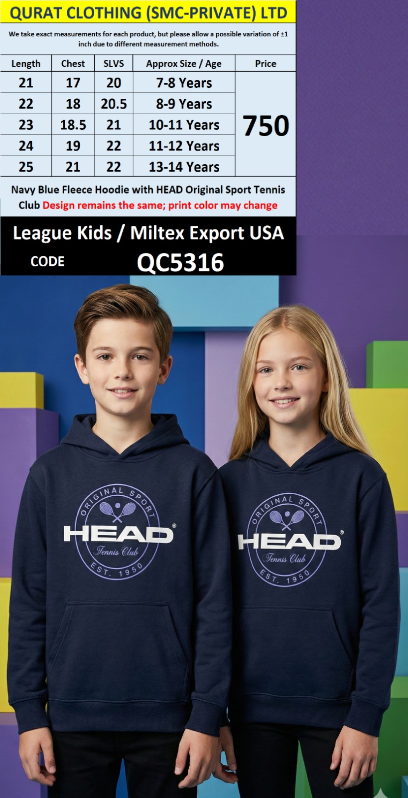 Navy Blue Fleece Pullover Hoodie HEAD Original Sport Tennis Club Print Kids QC5316