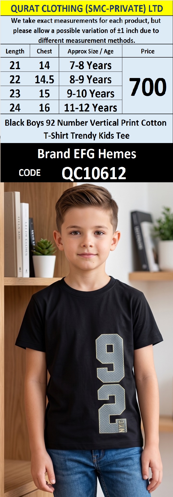 Black Boys 92 Number Vertical Print Cotton T-Shirt Trendy Kids Tee QC10612