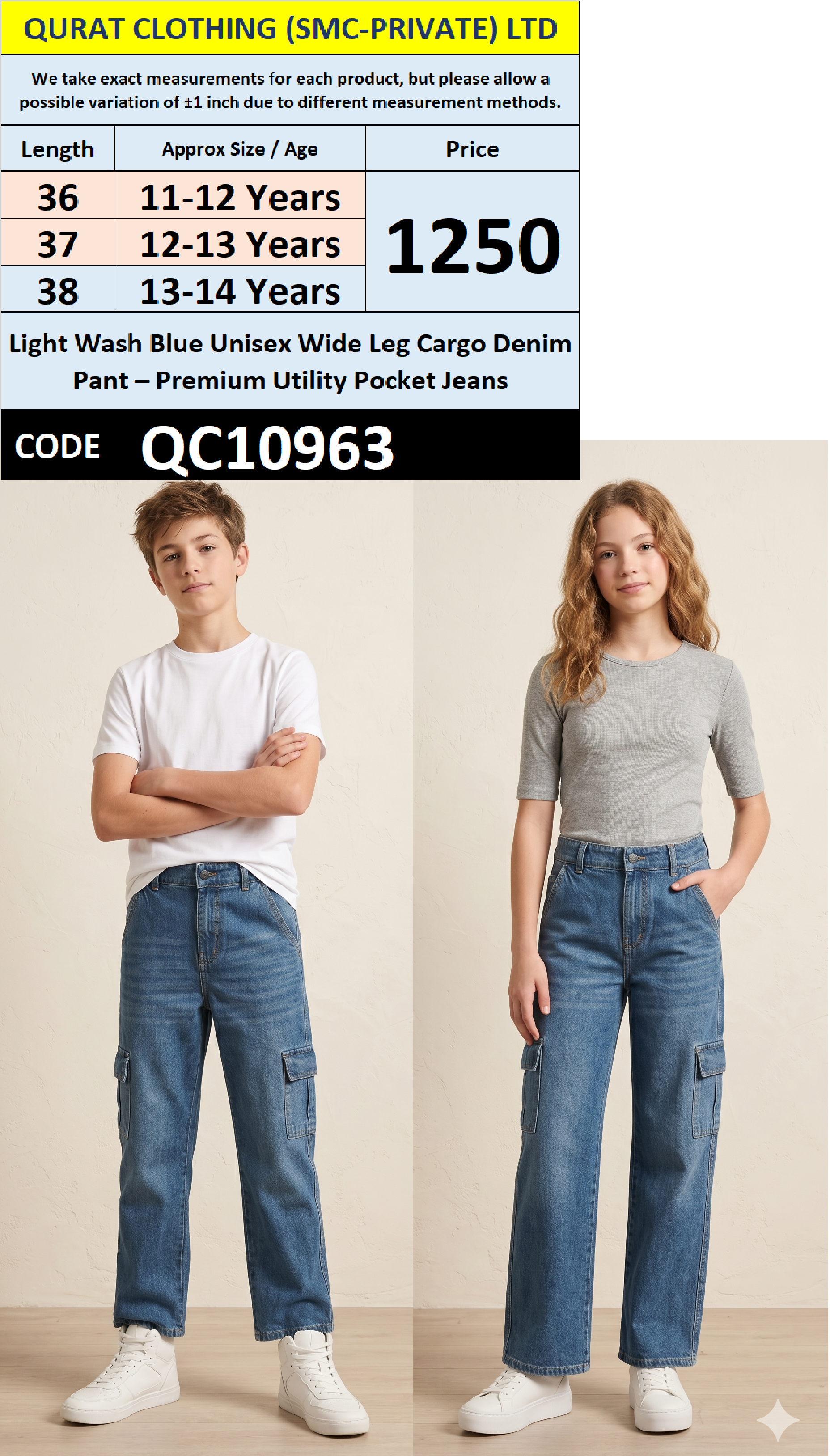 Light Wash Blue Unisex Wide Leg Cargo Denim Pant – Premium Utility Pocket Jeans QC10963