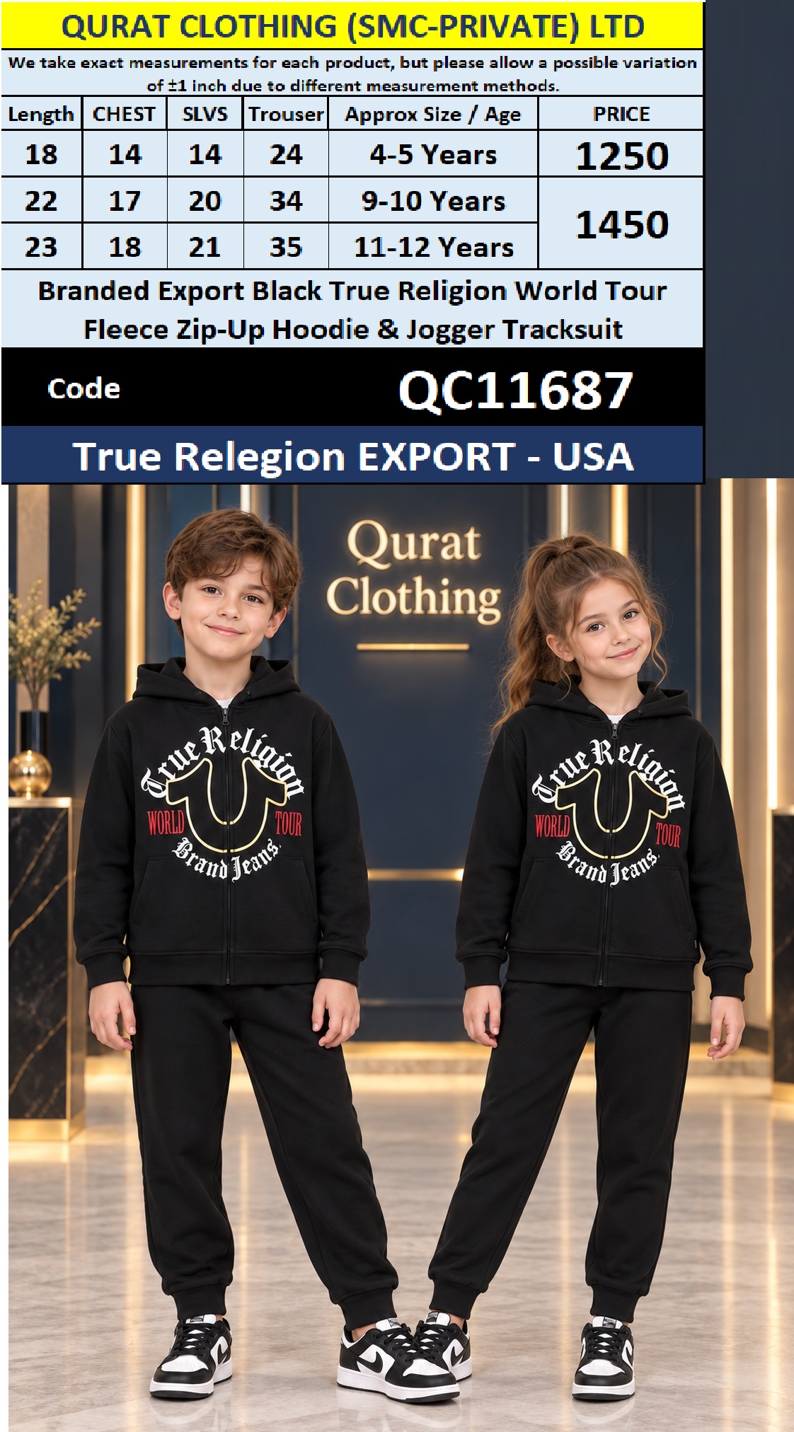 Branded Export Black True Religion World Tour Fleece Zip-Up Hoodie & Jogger Tracksuit – Export USA QC11687
