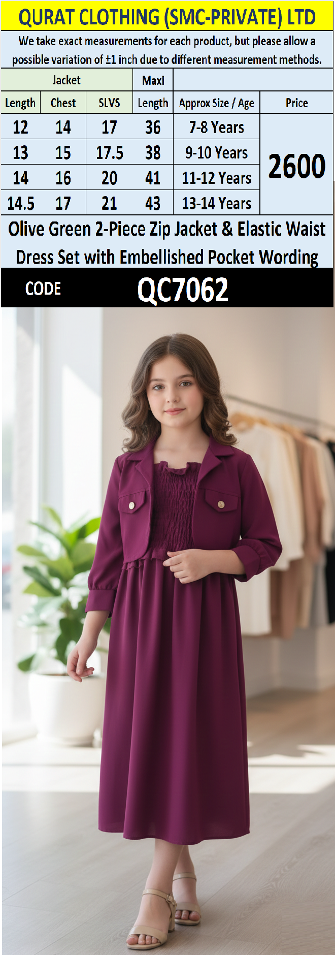 Plum Purple 2-Piece Zip Jacket & Elastic Waist Maxi Dress Set for Girls – Button Pocket Detail - QC7062