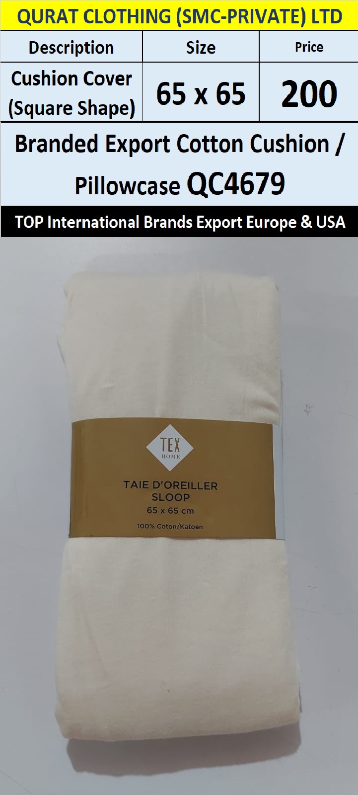 Top Intl Brand Cotton Cushion Cover Square Shape QC4679 Export Europe & USA