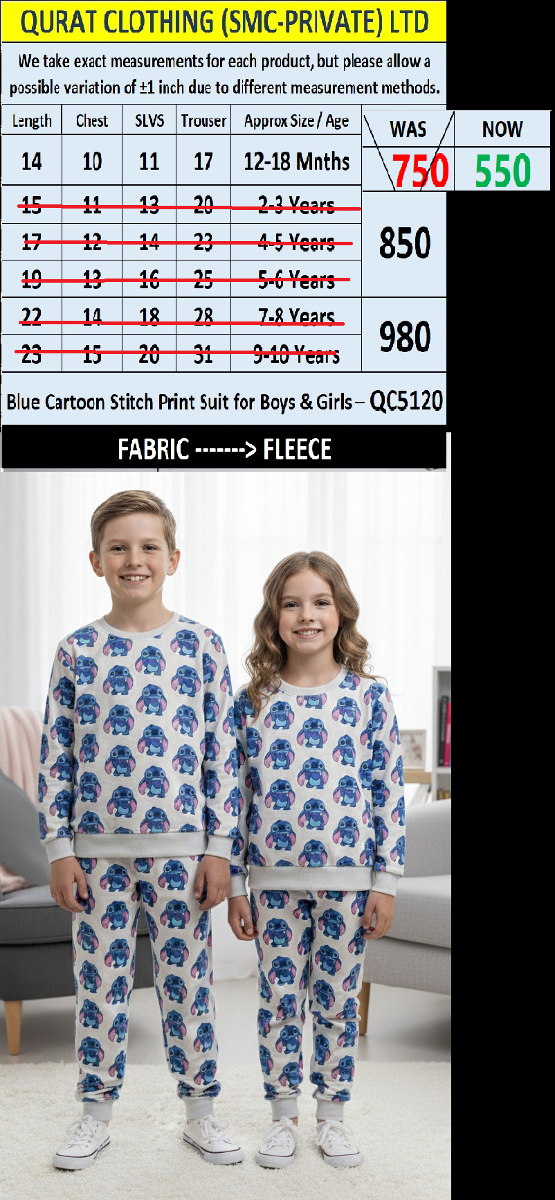 Blue Cartoon Stitch All-Over Print Fleece Suit for Boys & Girls – QC5120 - QC5120