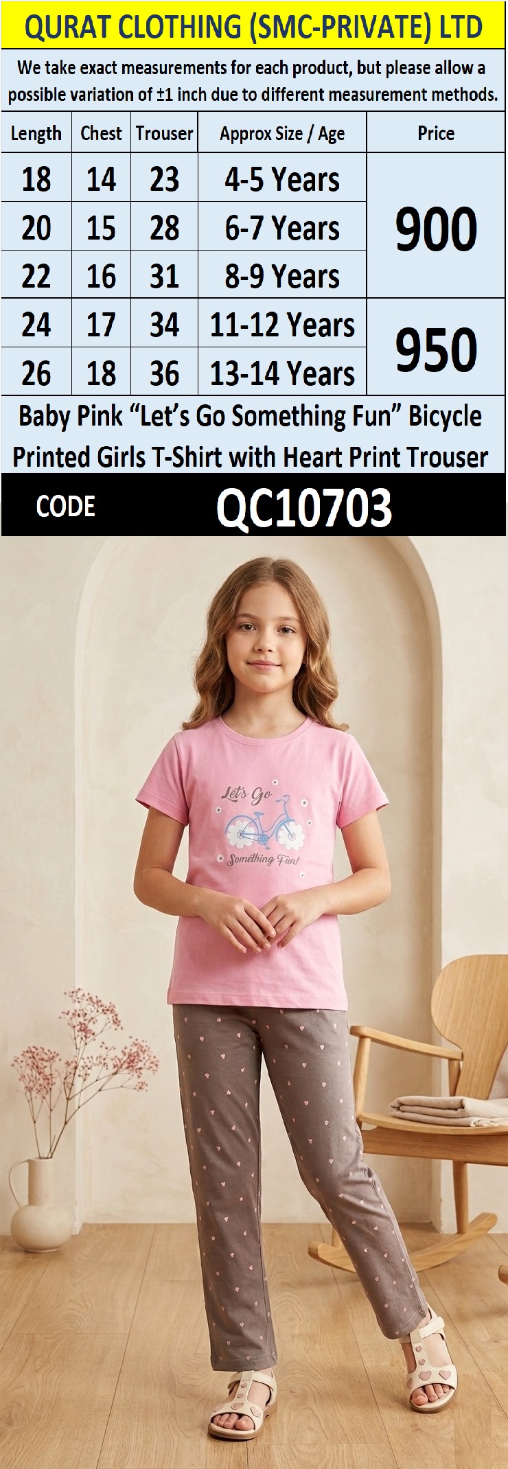Baby Pink “Let’s Go Something Fun” Bicycle Printed Girls T-Shirt with Heart Print Trouser – QC10703