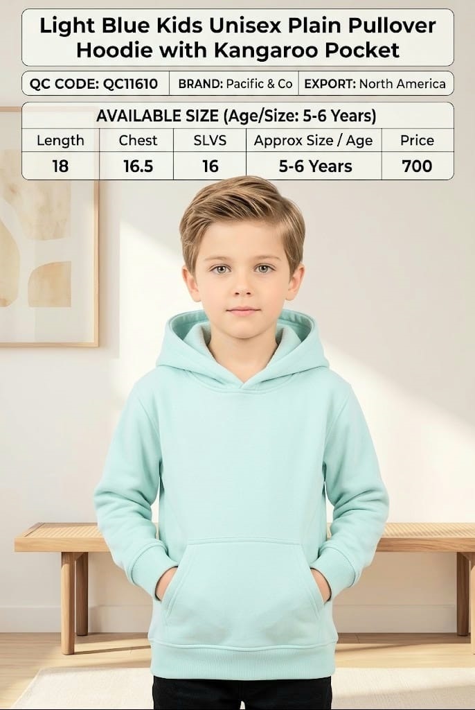 Pacific & Co Light Blue Kids Unisex Plain Pullover Hoodie with Kangaroo Pocket – Export North America – QC11610