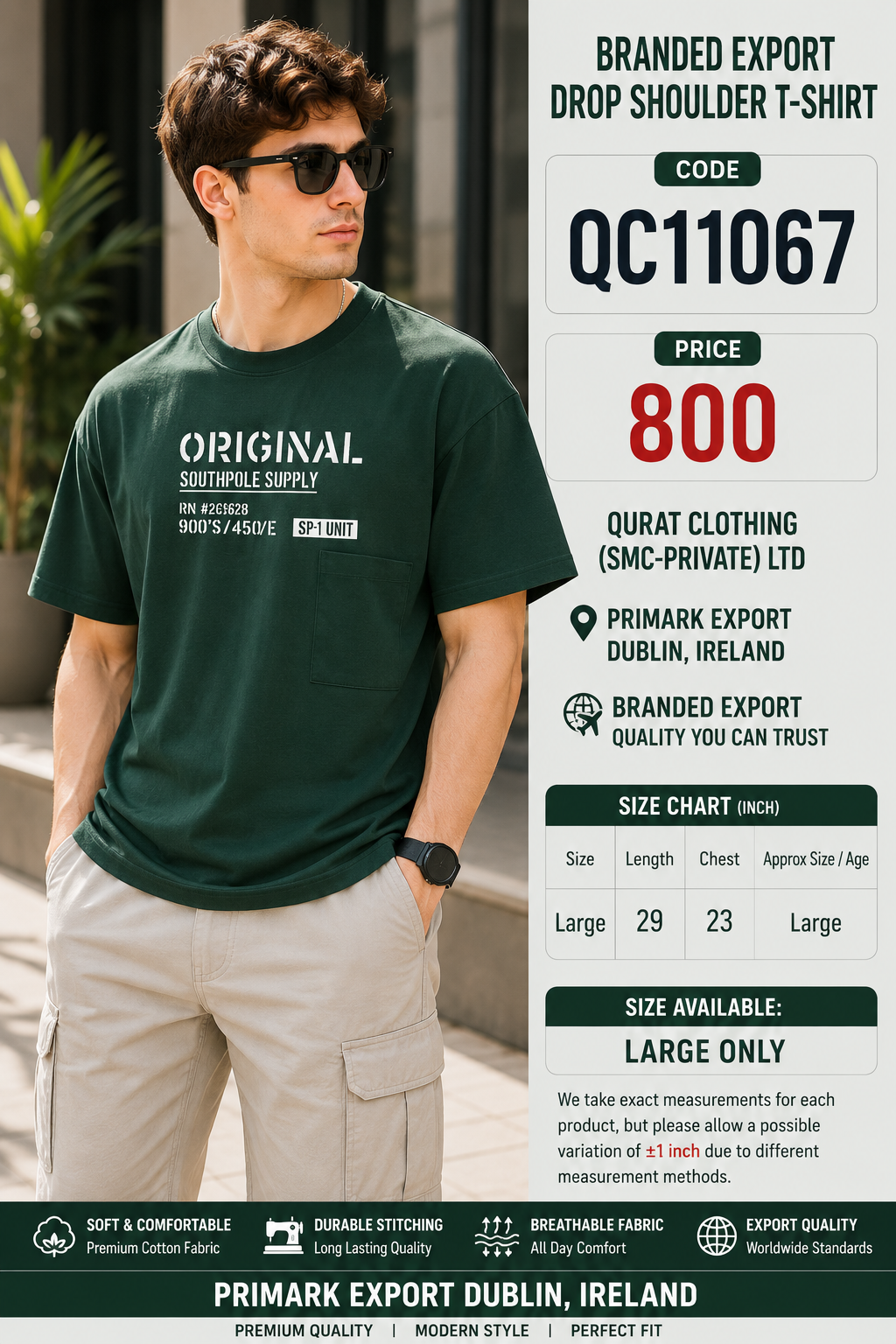 Dark Green Original Southpole Supply Branded Export Drop Shoulder T-Shirt QC11067 – Primark Export Dublin Ireland