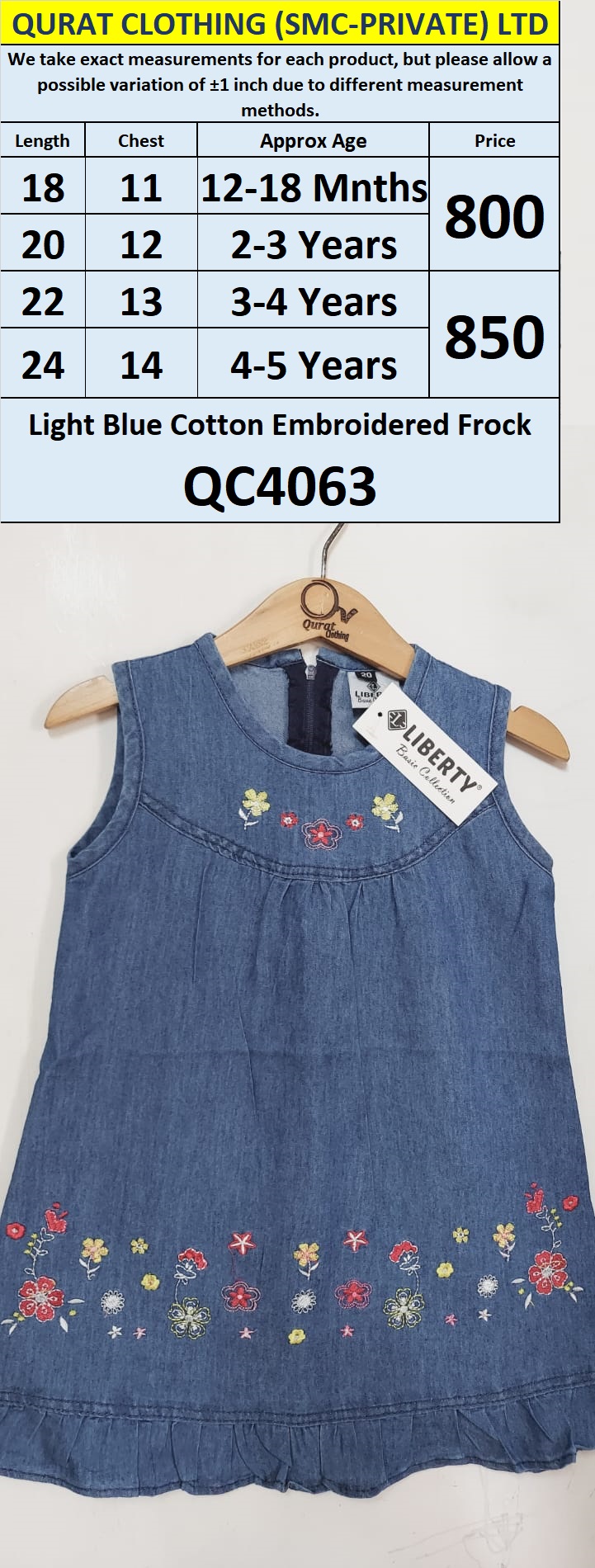 Light Blue Cotton Embroidered Frock QC4063