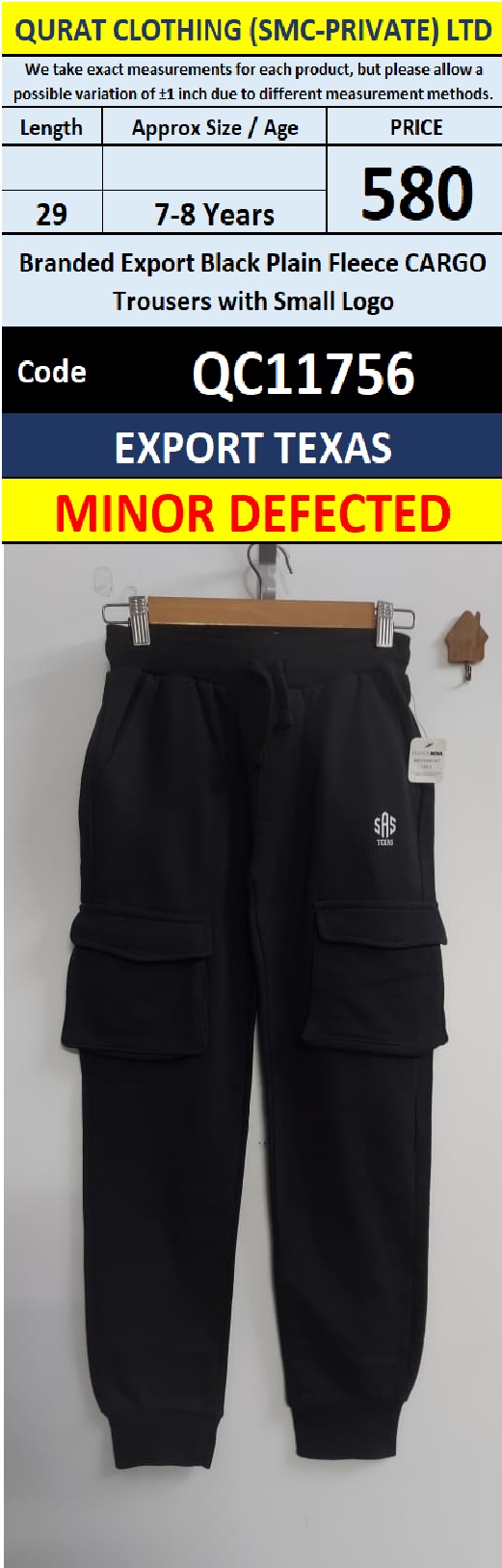 Branded Export Black Plain Fleece CARGO Trousers with Small Logo — Export Texas — Minor Defected — QC11756