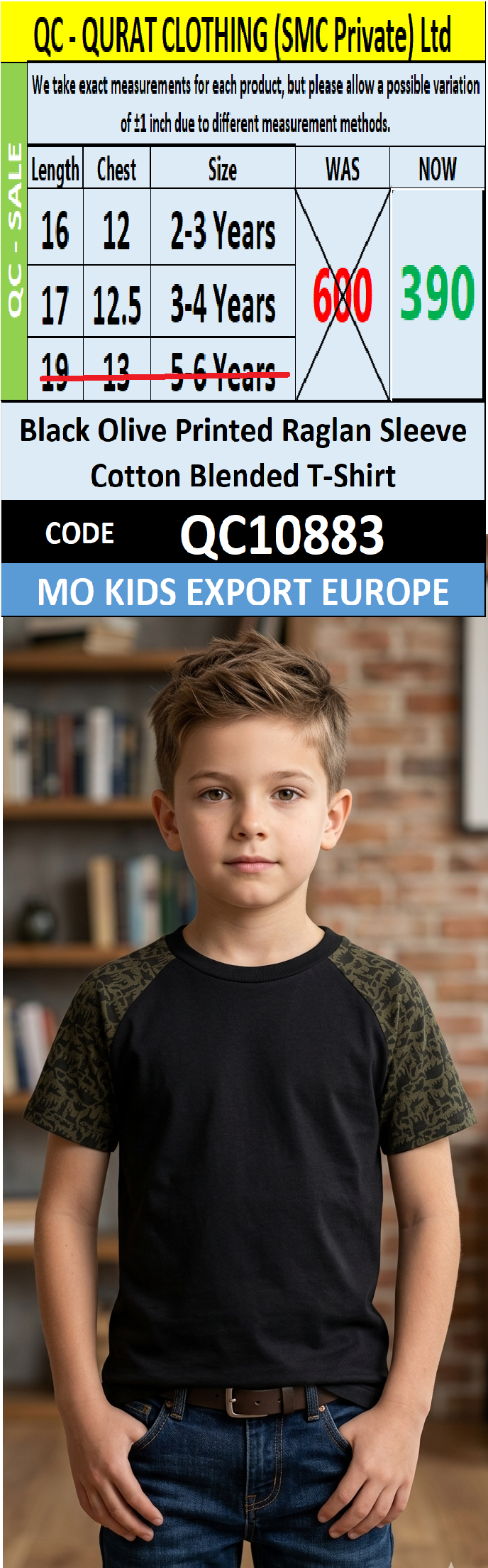 Black Olive Printed Raglan Sleeve Cotton Blended T-Shirt QC10883- MO Kids Export Europe 