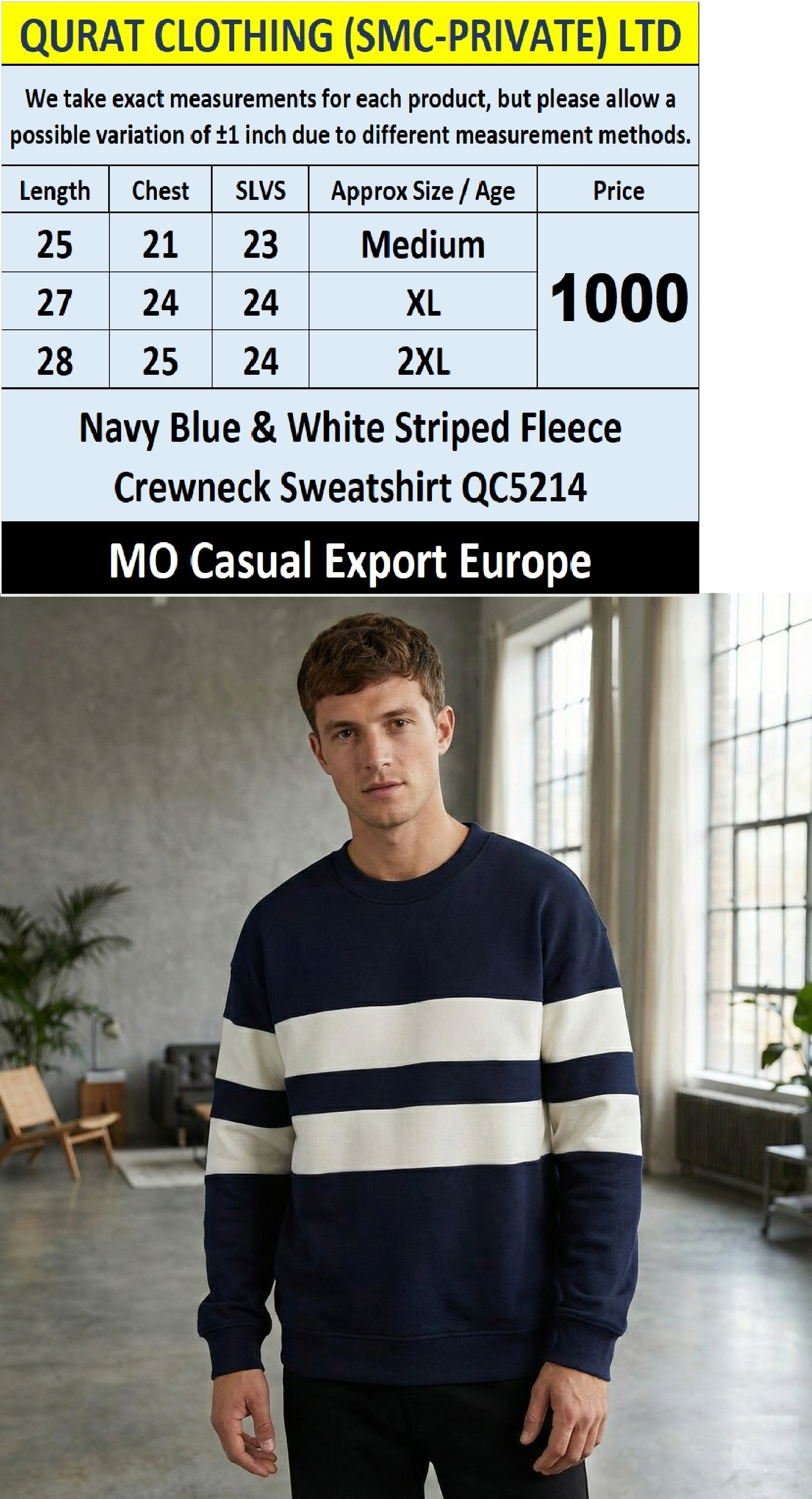 MO Casual Navy Blue & White Striped Fleece Sweatshirt – QC5214 – Export Europe
