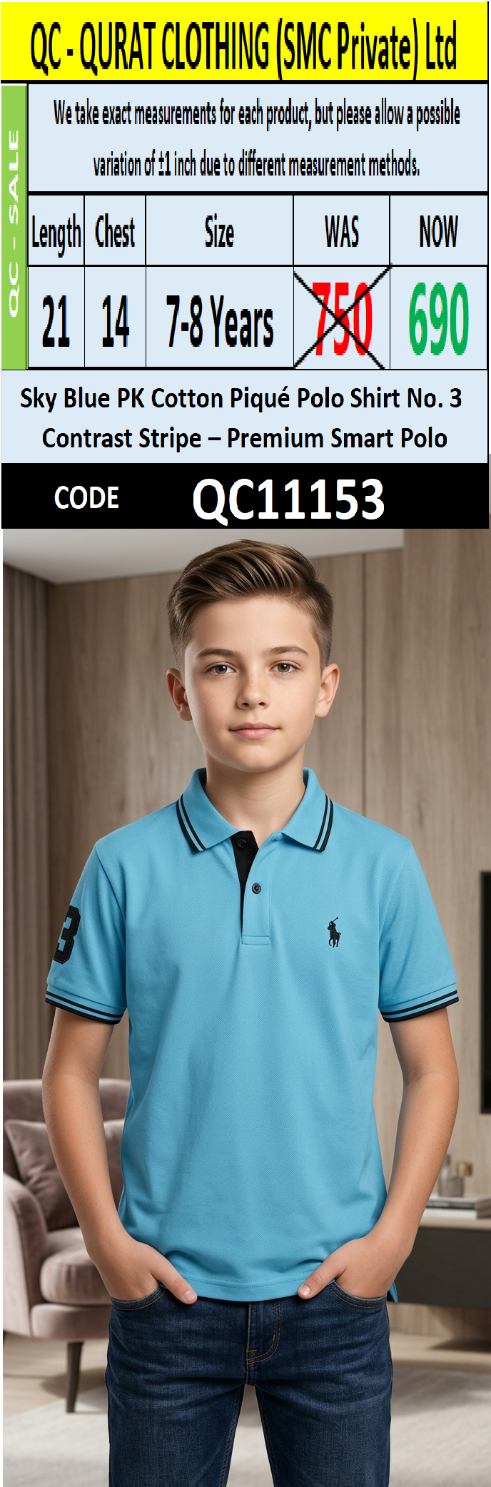 Sky Blue PK Cotton Piqué Polo Shirt No. 3 Contrast Stripe – Premium Smart Polo QC11153