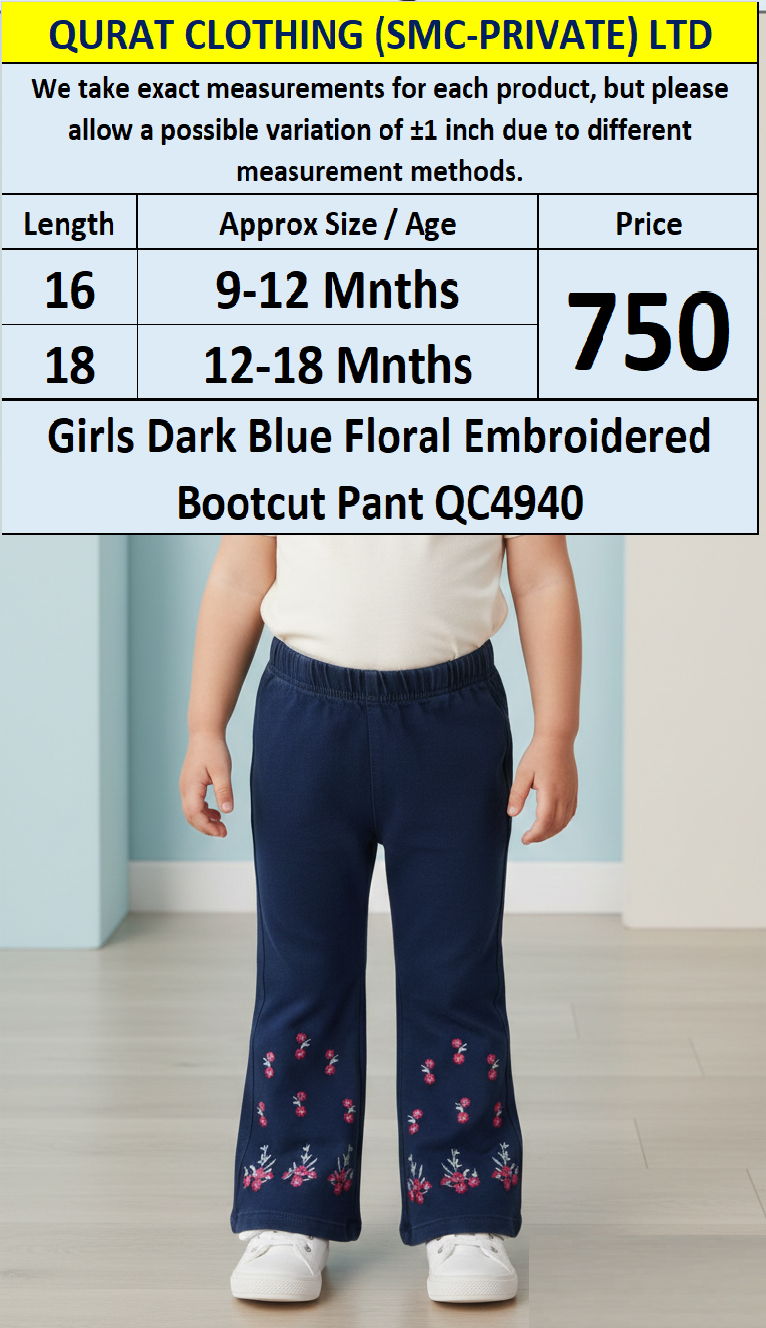 Girls Dark Blue Floral Embroidered Bootcut Pant QC4940