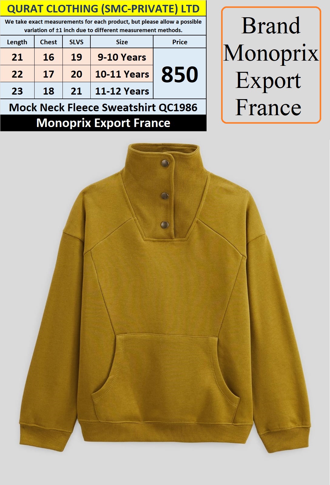 Monoprix Brand Reef Gold Mock Neck Fleece Sweatshirt QC1986 Export France 