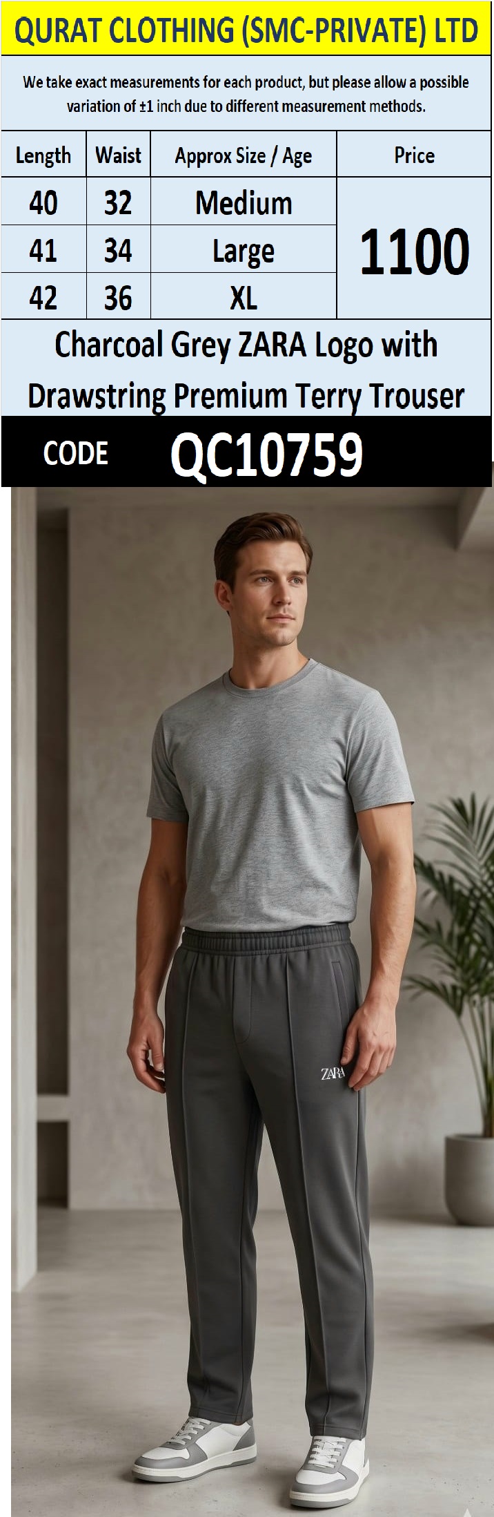 Charcoal Grey ZARA Logo with Drawstring Premium Terry Trouser QC10759
