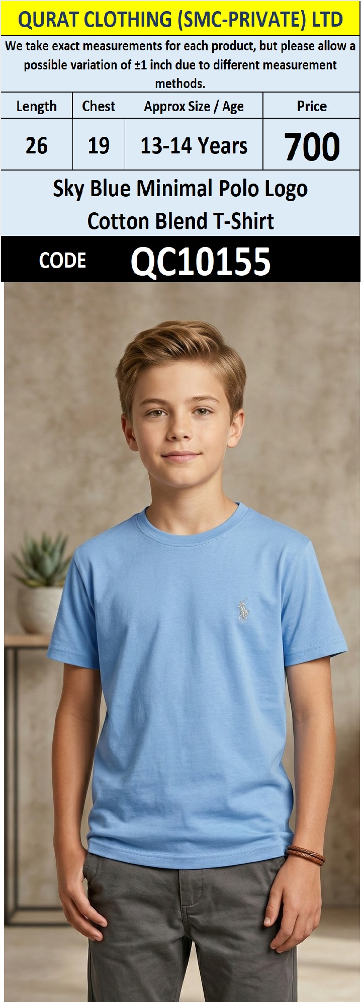 Sky Blue Minimal Polo Logo Cotton Blend T-Shirt – QC10155