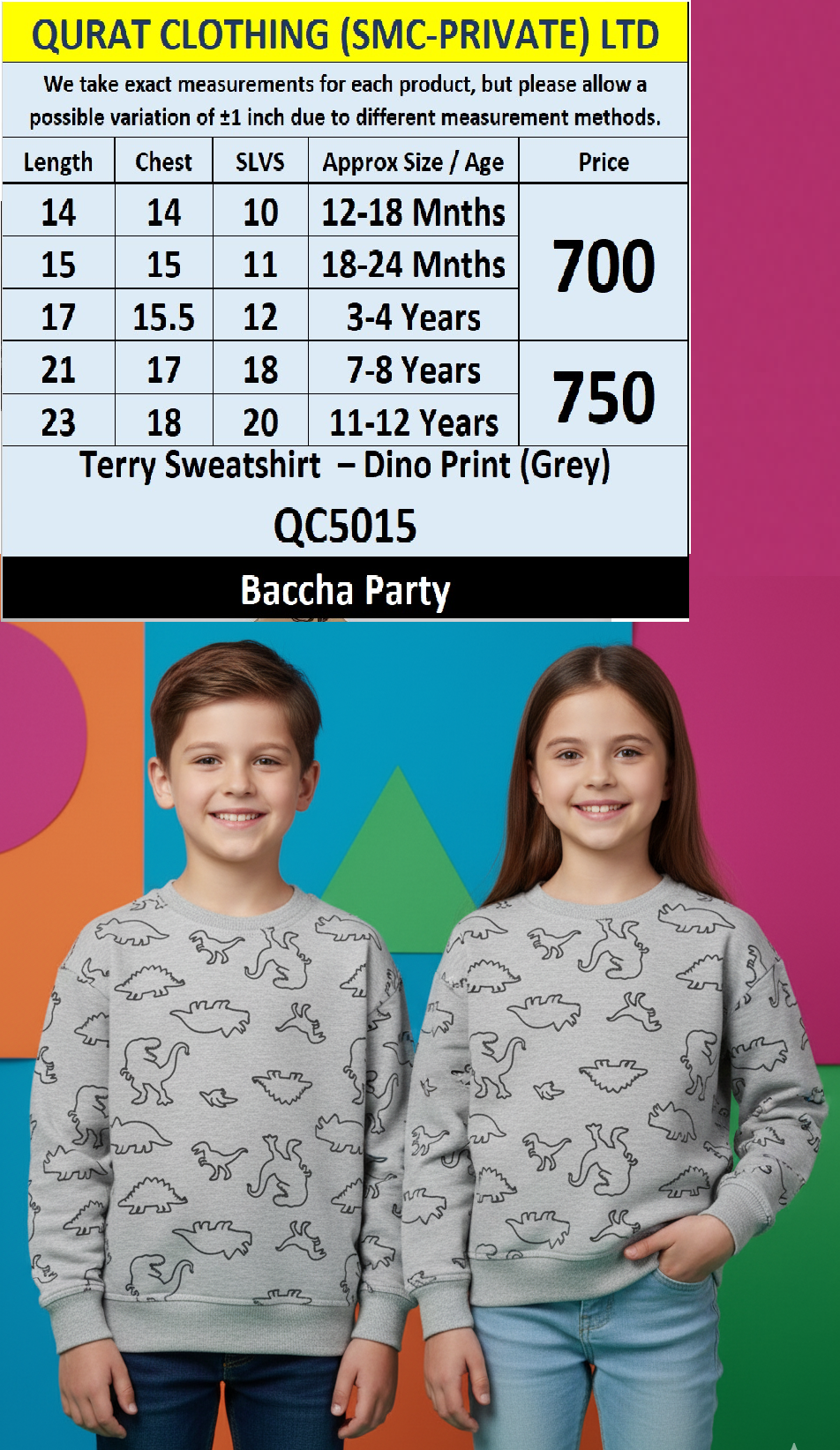 Baccha Party Terry Sweatshirt – Grey Dino Print QC5015 