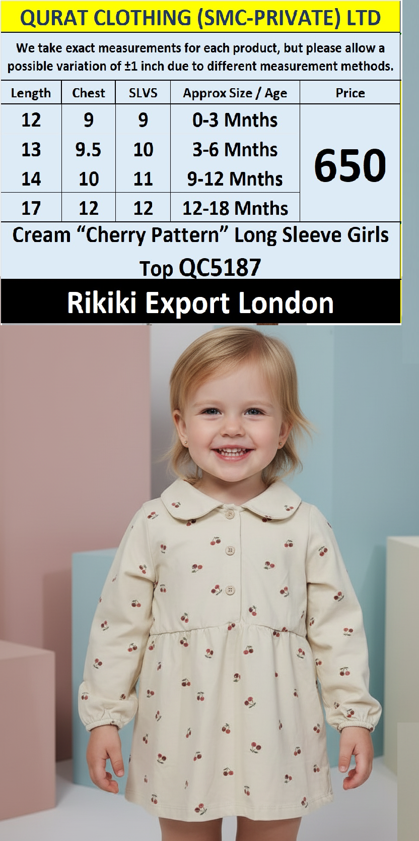 Rikiki Brand Cream “Cherry Pattern” Long Sleeve Girls Top QC5187 – Export London