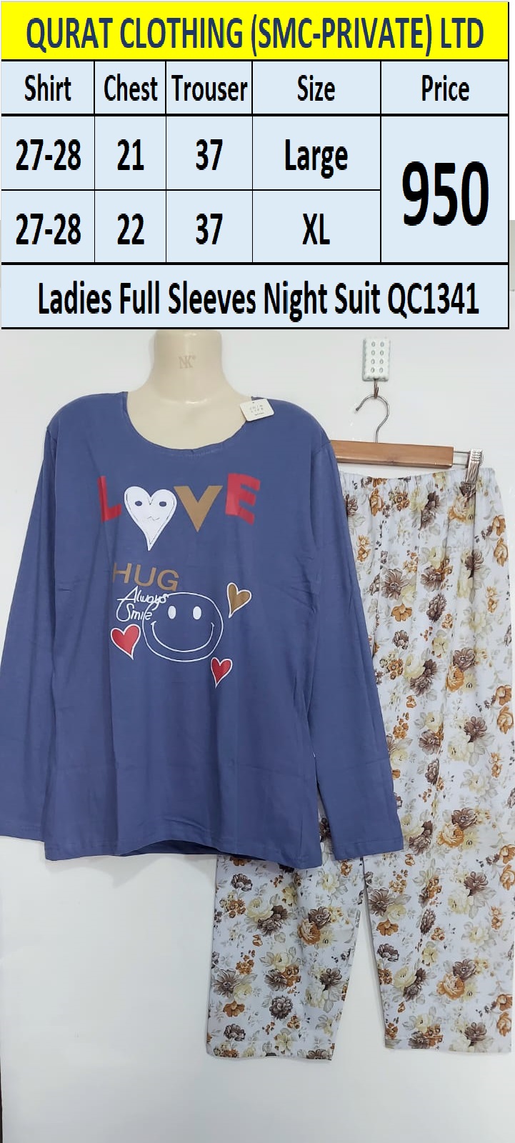 Ladies Full Sleeves Always Smile Night Suits QC1341