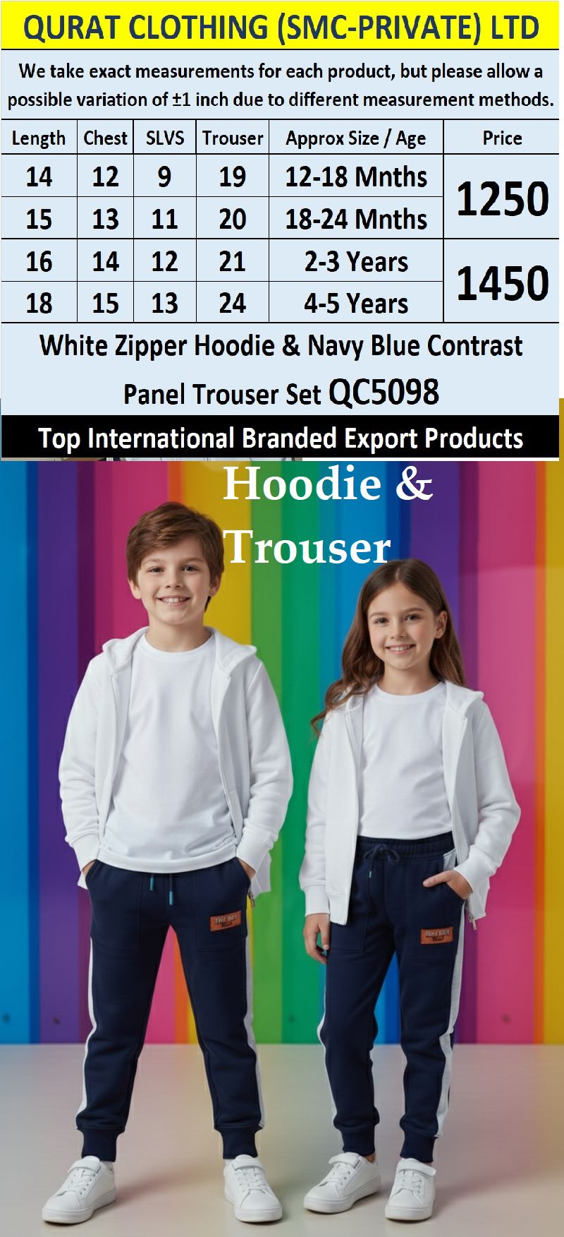 White Zipper Hoodie & Navy Blue Contrast Panel Trouser Set QC5098 – Top International Branded Export Product - QC5098