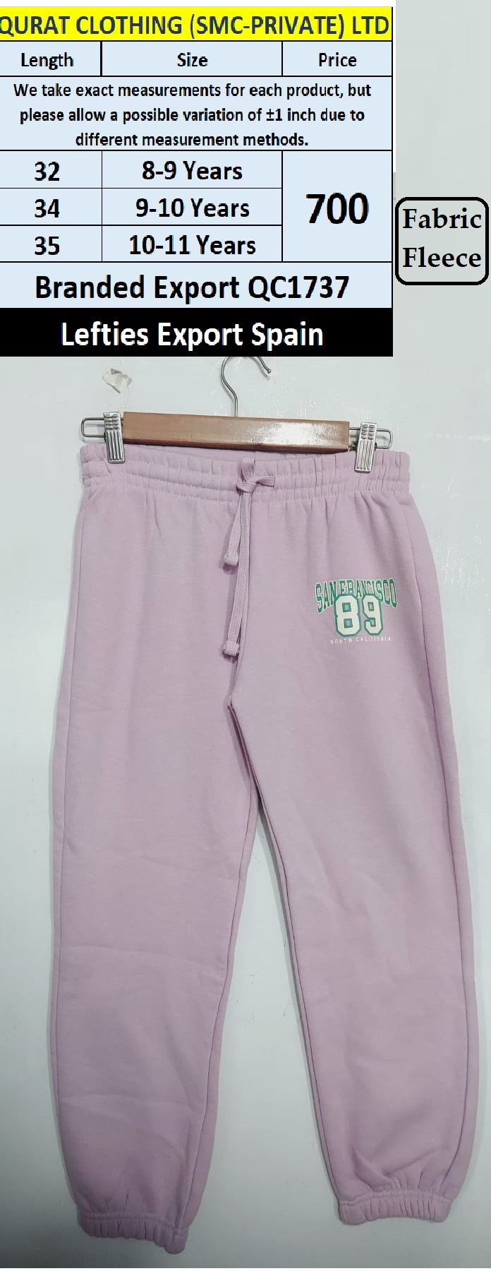 Lefties Brand Export Fleece Trouser QC1737 Export Spain 