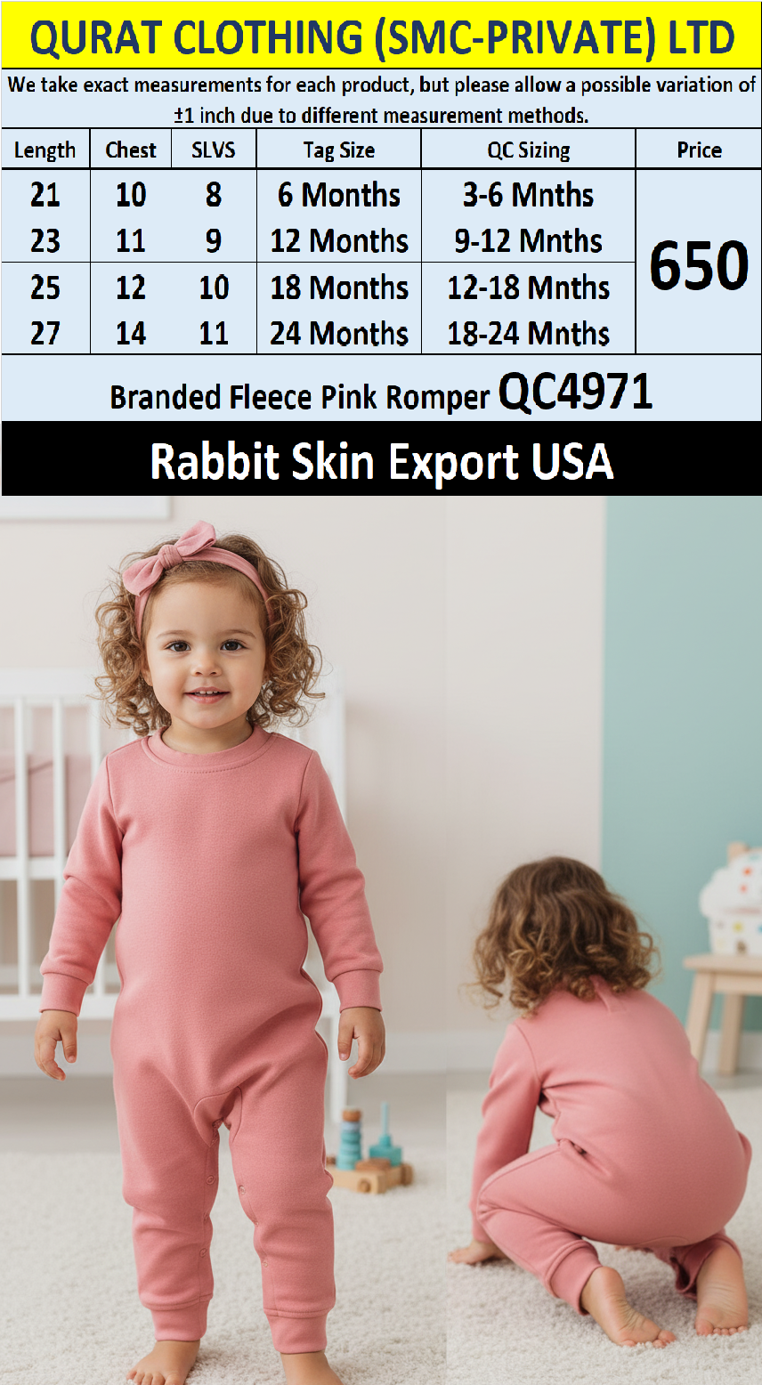 Rabbit Skin Branded Fleece Pink Baby Romper QC4971 – Export Quality USA