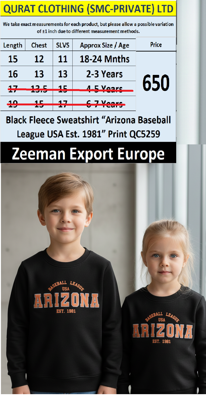 Zeeman Kids Black Fleece Sweatshirt “Arizona Baseball League USA Est. 1981” Print – QC5259 – Export Europe