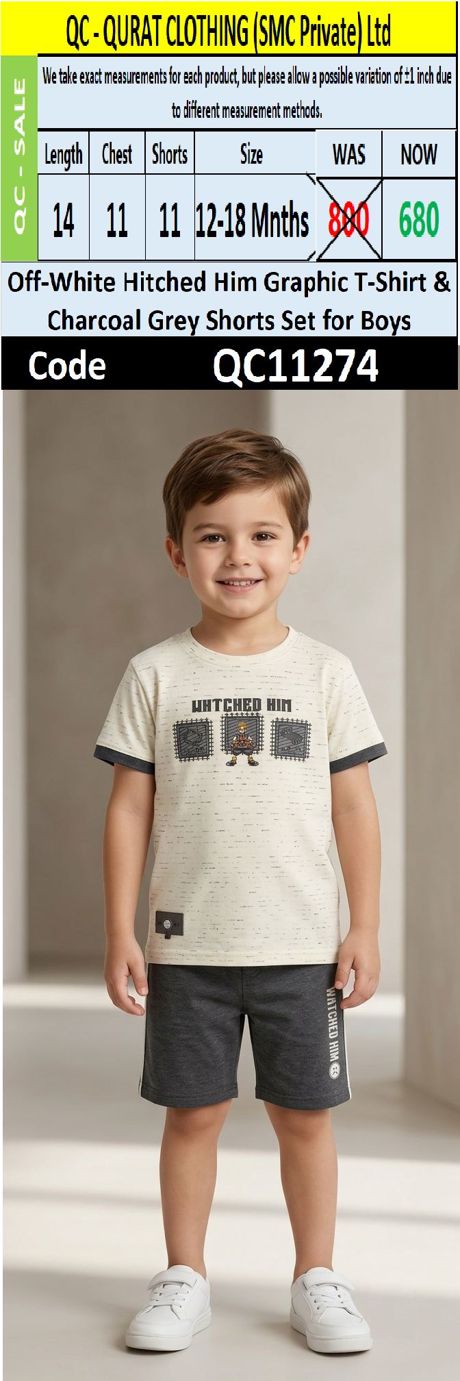 Off-White Hitched Him Graphic T-Shirt & Charcoal Grey Shorts Set for Boys – QC11274