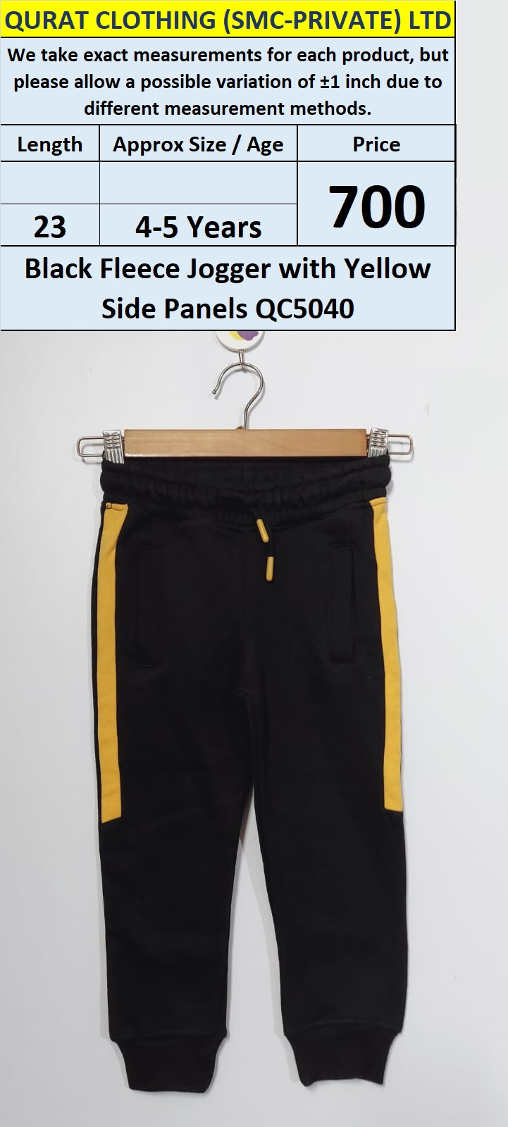 Black Fleece Jogger with Yellow Side Panels QC5040 – Contrast Striped Design