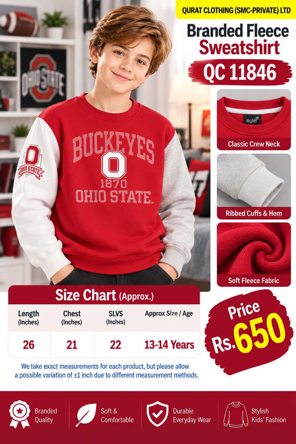 Branded red and light grey fleece sweatshirt with Buckeyes 1870 Ohio State lettering and contrast sleeves — QC11846
