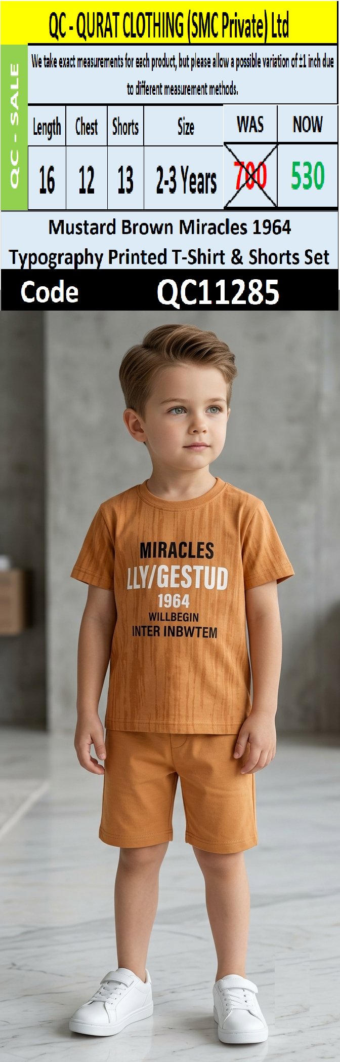 Mustard Brown Miracles 1964 Typography Printed T-Shirt & Shorts Set – QC11285