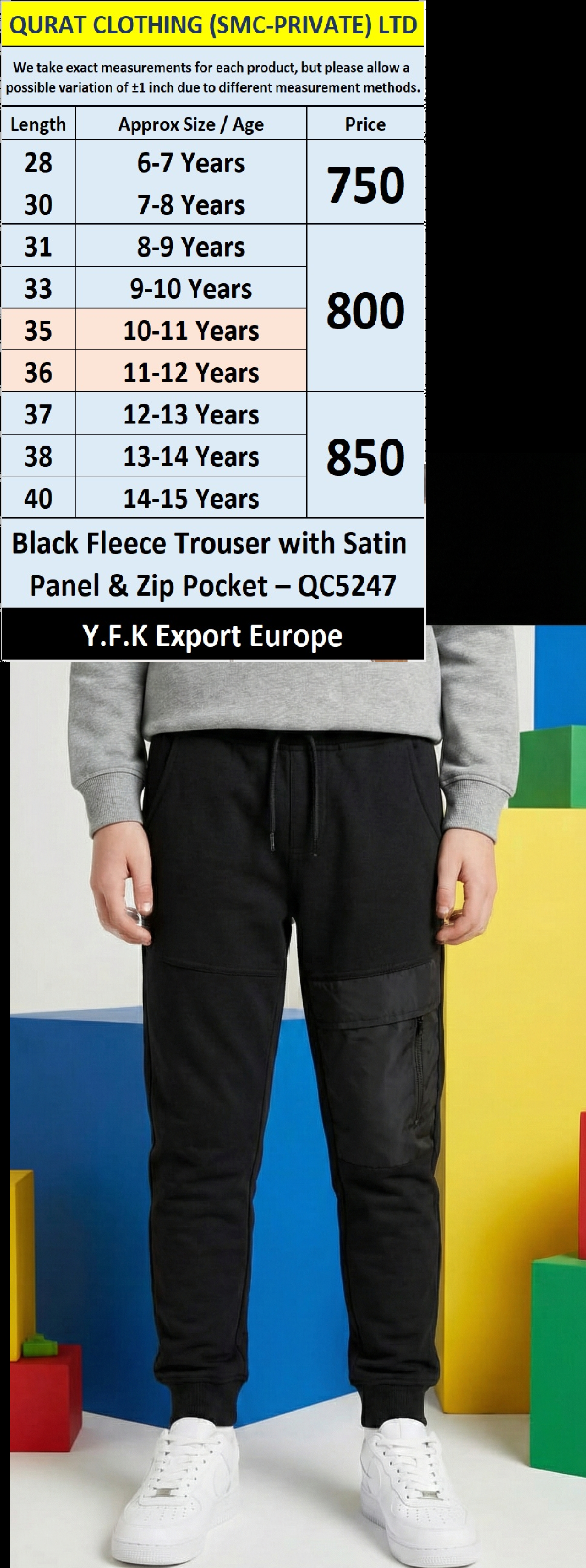 Black Fleece Trouser with Satin Panel & Zip Pocket – QC5247 | Y.F.K Export Europe