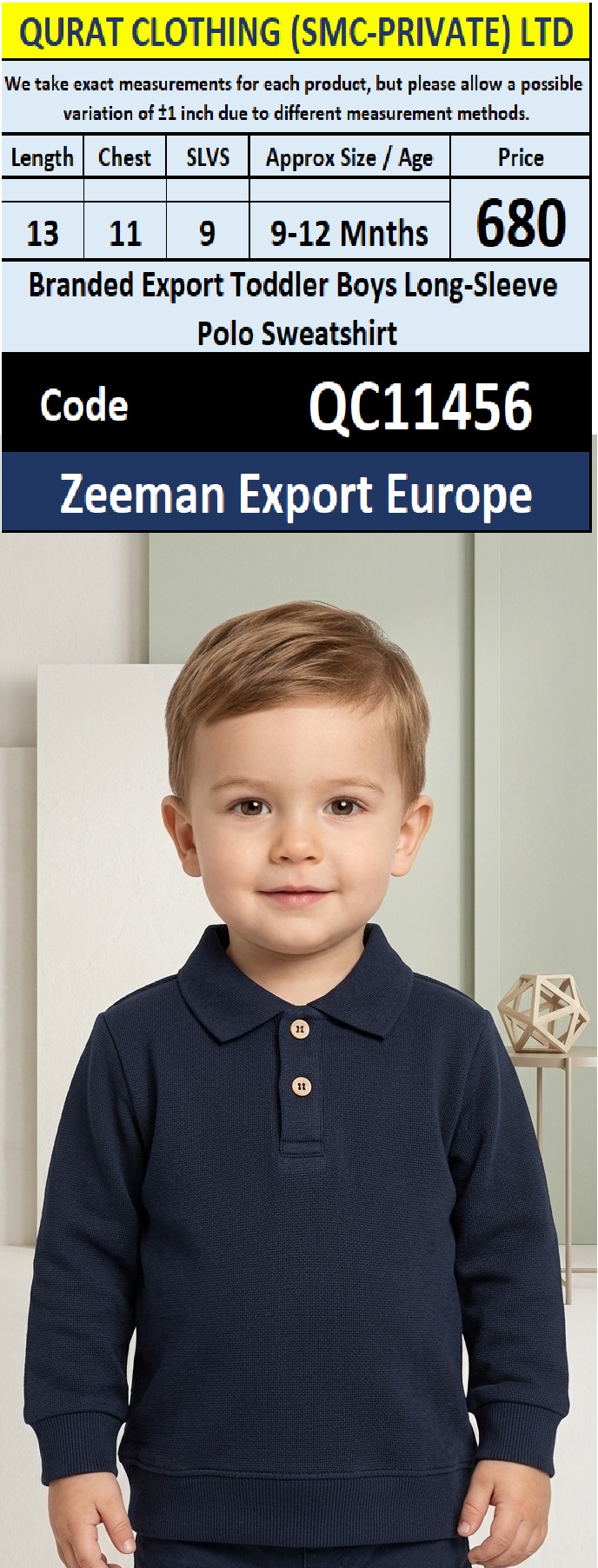 QC11456 – Branded Export Toddler Boys Navy Blue Long-Sleeve Polo Sweatshirt – Zeeman Export Europe