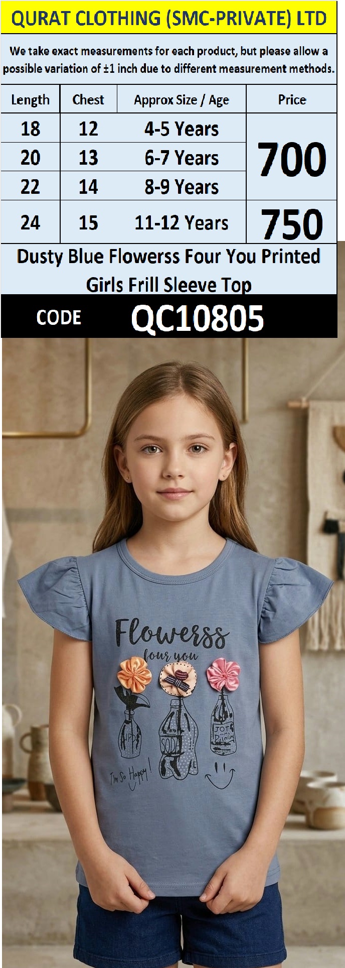 Dusty Blue Flowerss Four You Printed Girls Frill Sleeve Top QC10805