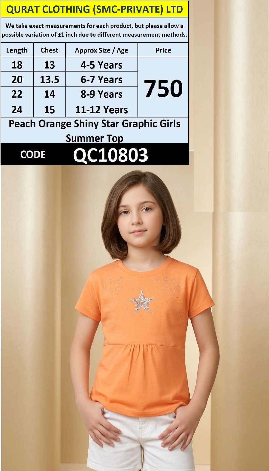 Peach Orange Shiny Star Graphic Girls Summer Top QC10803