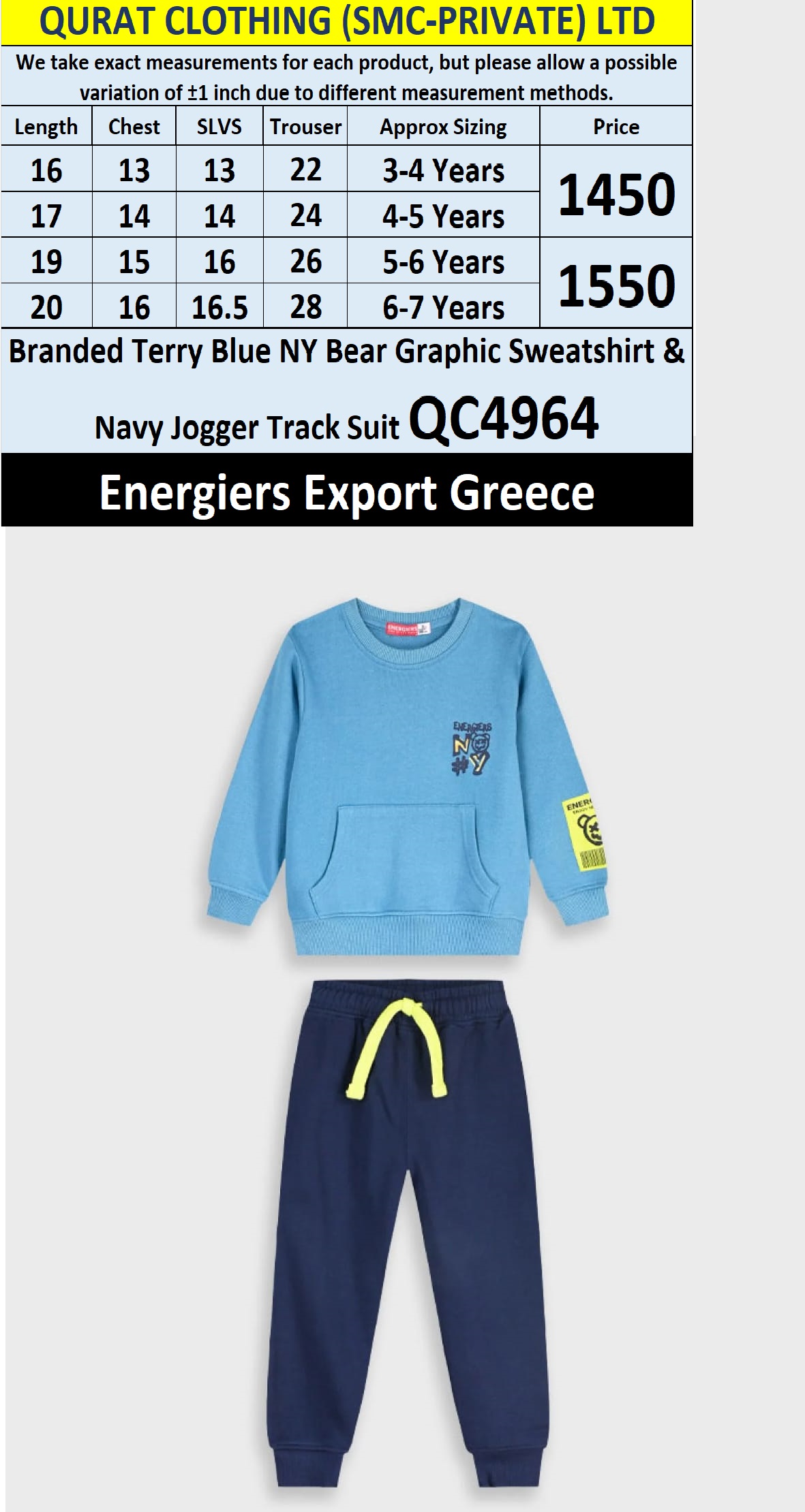 Energiers Brand Blue “NY Bear Graphic” Terry Sweatshirt & Navy Jogger Track Suit QC4964 – Export Greece - QC4964