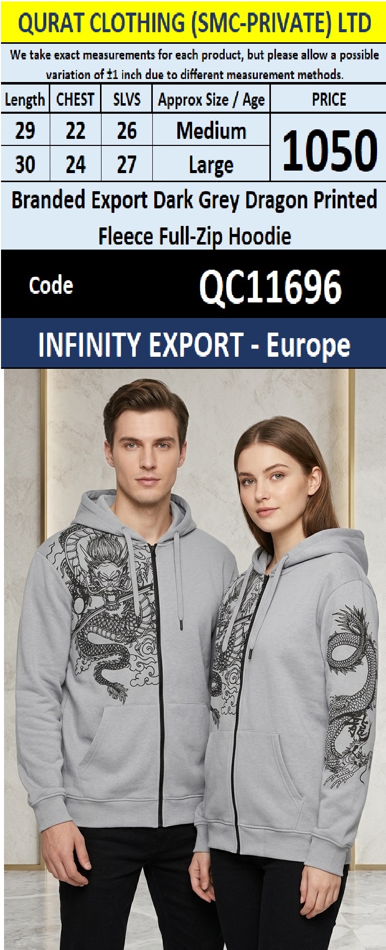 Infinity Export Europe Branded Export Dark Grey Dragon Printed Fleece Full-Zip Hoodie QC11696