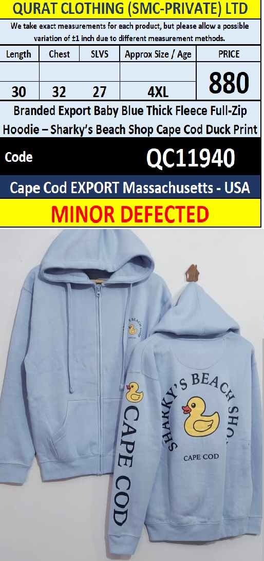 Minor Defected – Branded Export Baby Blue Thick Fleece Full-Zip Hoodie – Sharky’s Beach Shop Cape Cod Duck Print – Cape Cod Massachusetts USA – QC11940