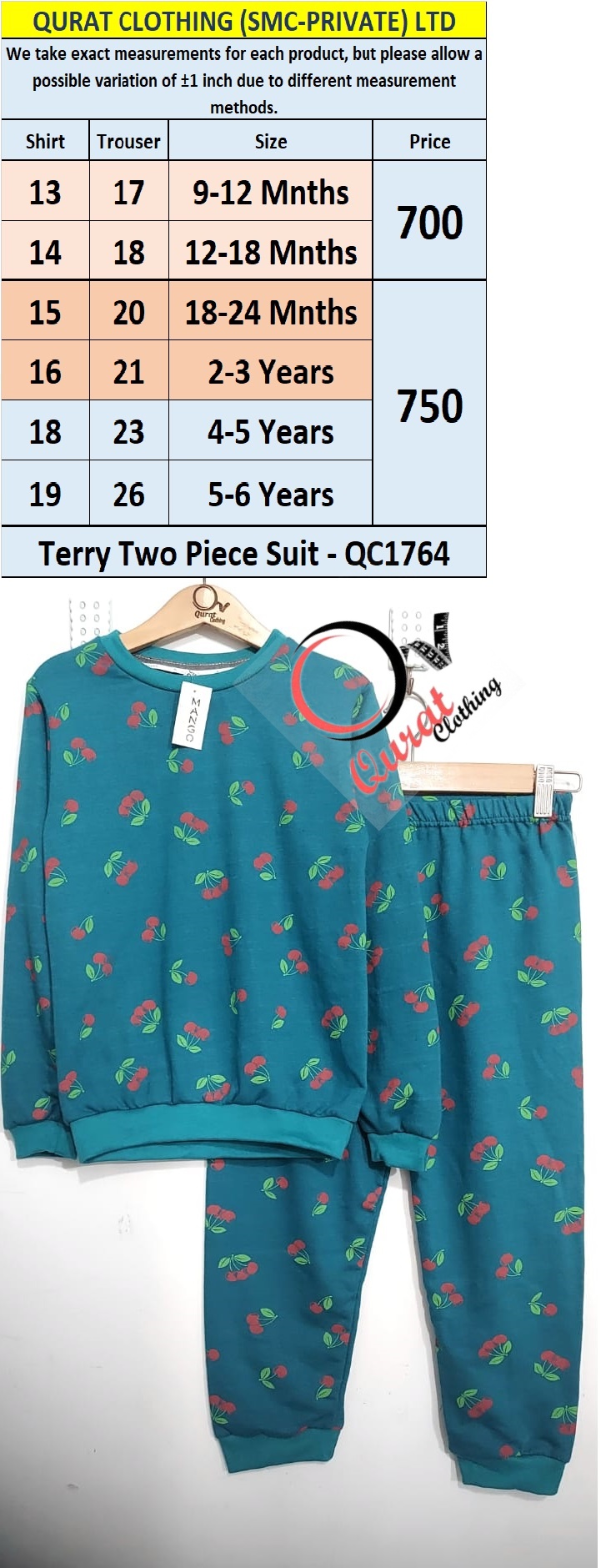 Qurat Clothing's QC1764 Cherry Fleece Two-Piece Suit combines warmth, style and comfort for kids.