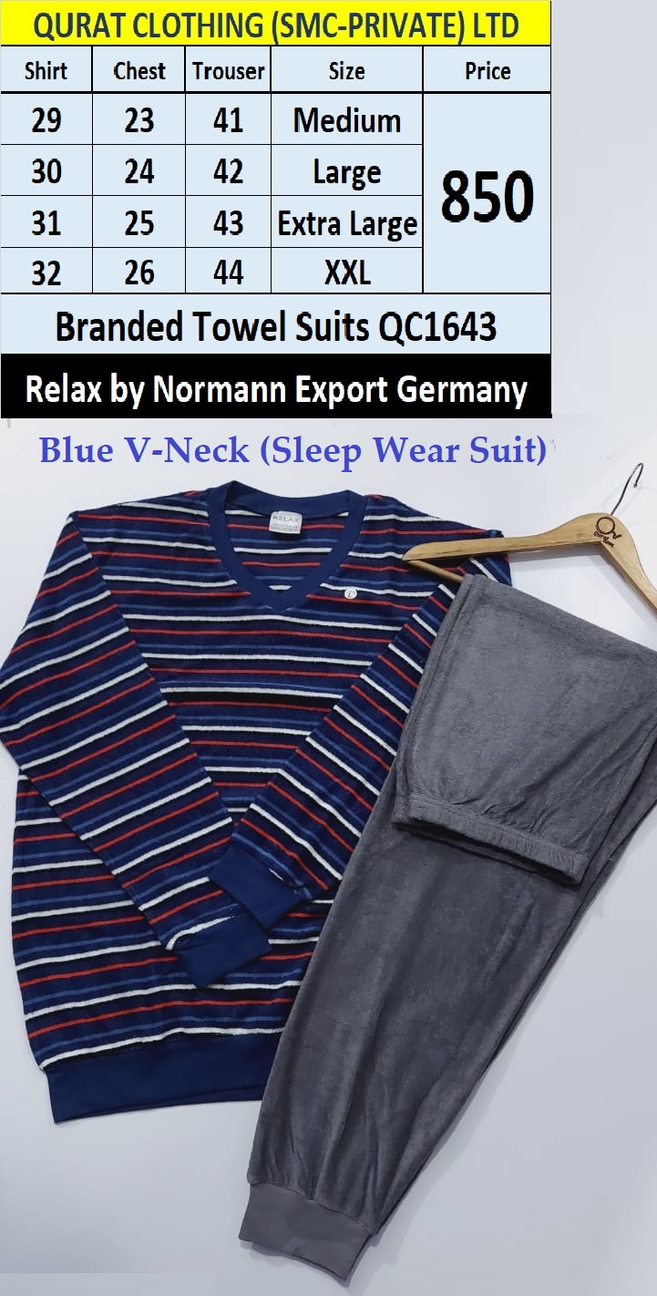 Normann by Relax Brand Blue V-Neck Towel Night Wear Suit QC1643 Export Germany
