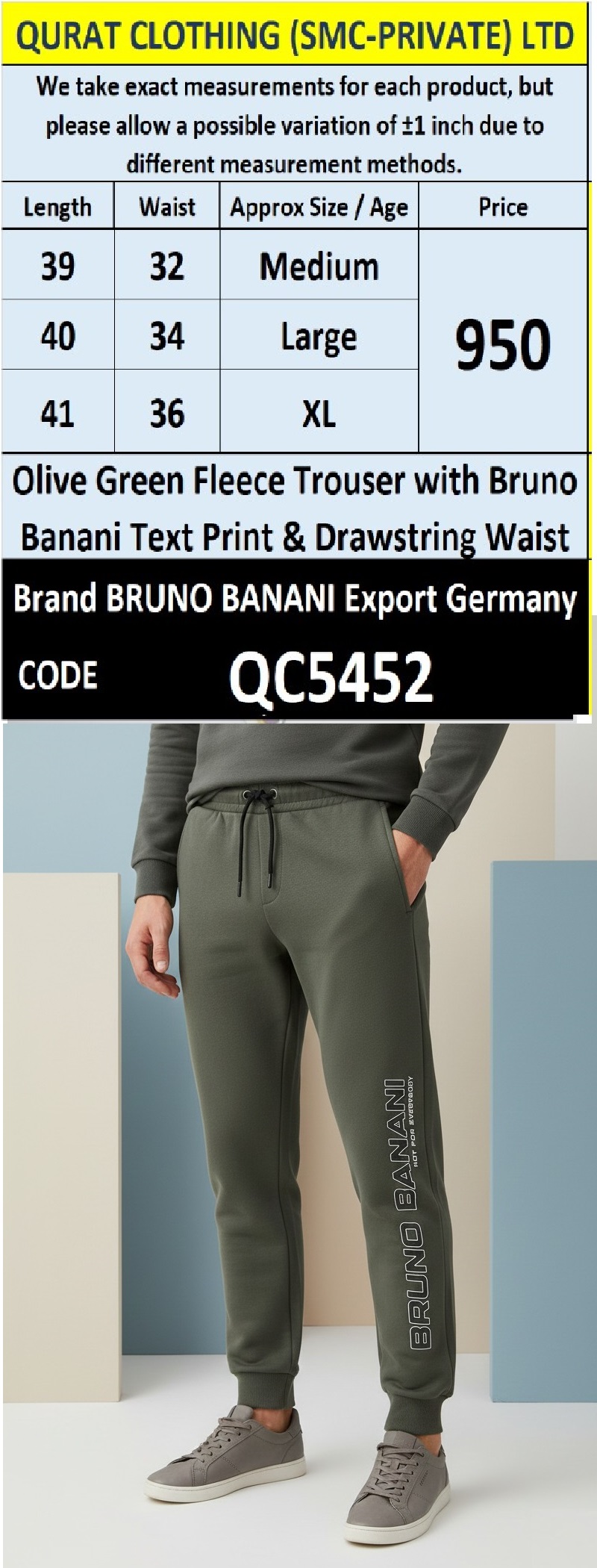 QC5452 Olive Green Fleece Trouser with Bruno Banani Text Print & Drawstring Waist – Bruno Banani Export Germany